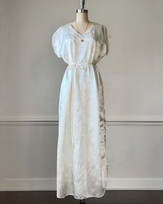 Ivory Floral Jacquard Satin Maxi Dress — Sheer Lace Yoke & Ribbon Ties