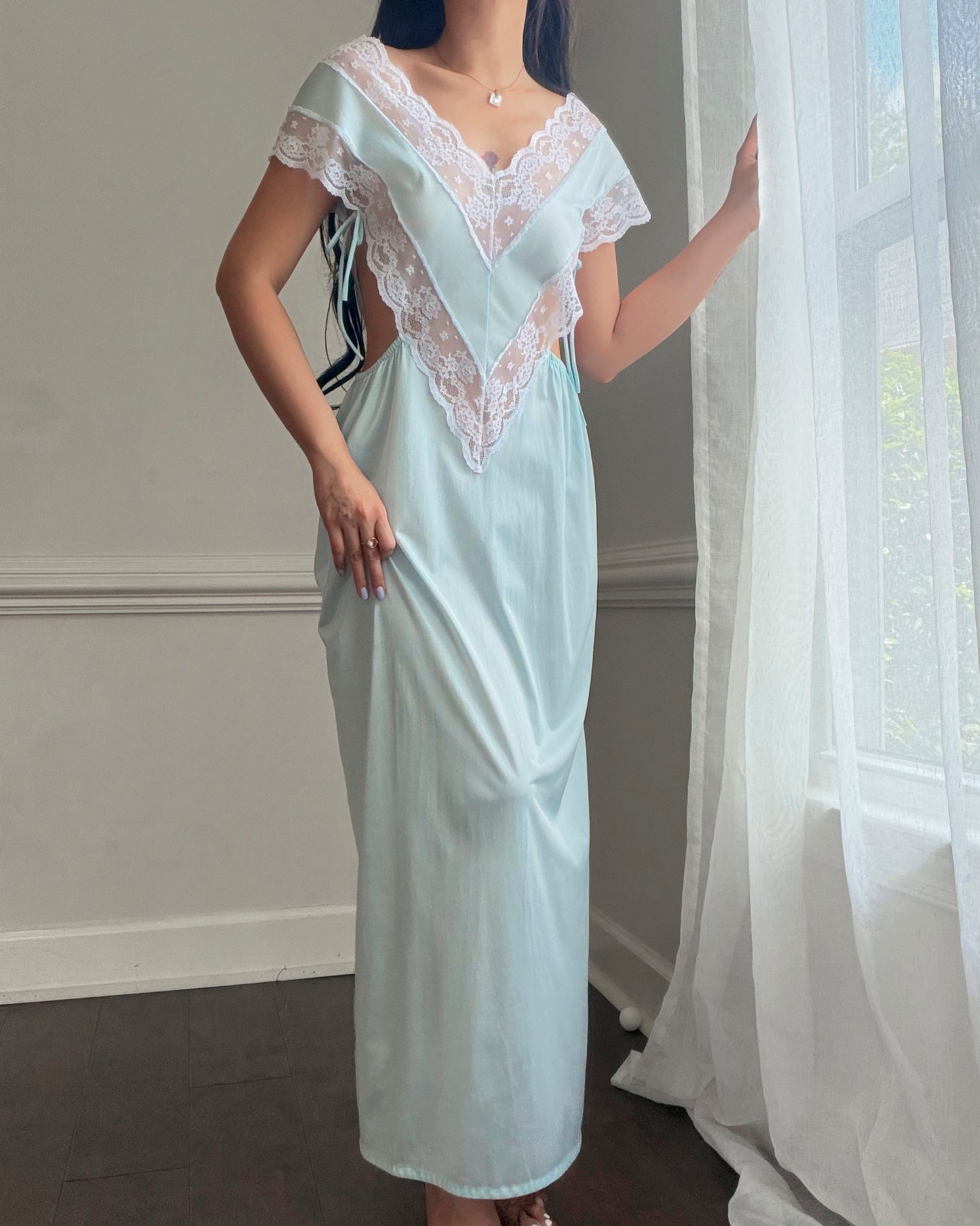 Ice Blue Nylon Maxi Nightgown — Wide Scalloped Lace Collar & Open Cutout Sides