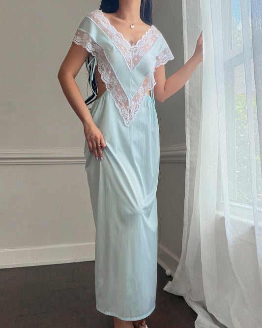 Ice Blue Nylon Maxi Nightgown — Wide Scalloped Lace Collar & Open Cutout Sides