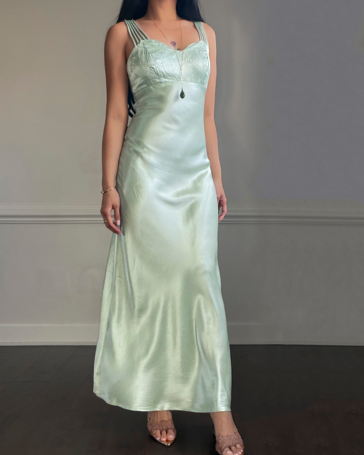 All That Jazz Mint Satin Maxi Dress — Sequin Beaded Bodice & Multi-Strap