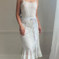 Ivory Pintuck Lace Midi Dress — Satin Ribbon Waist Tie | Vintage 90s