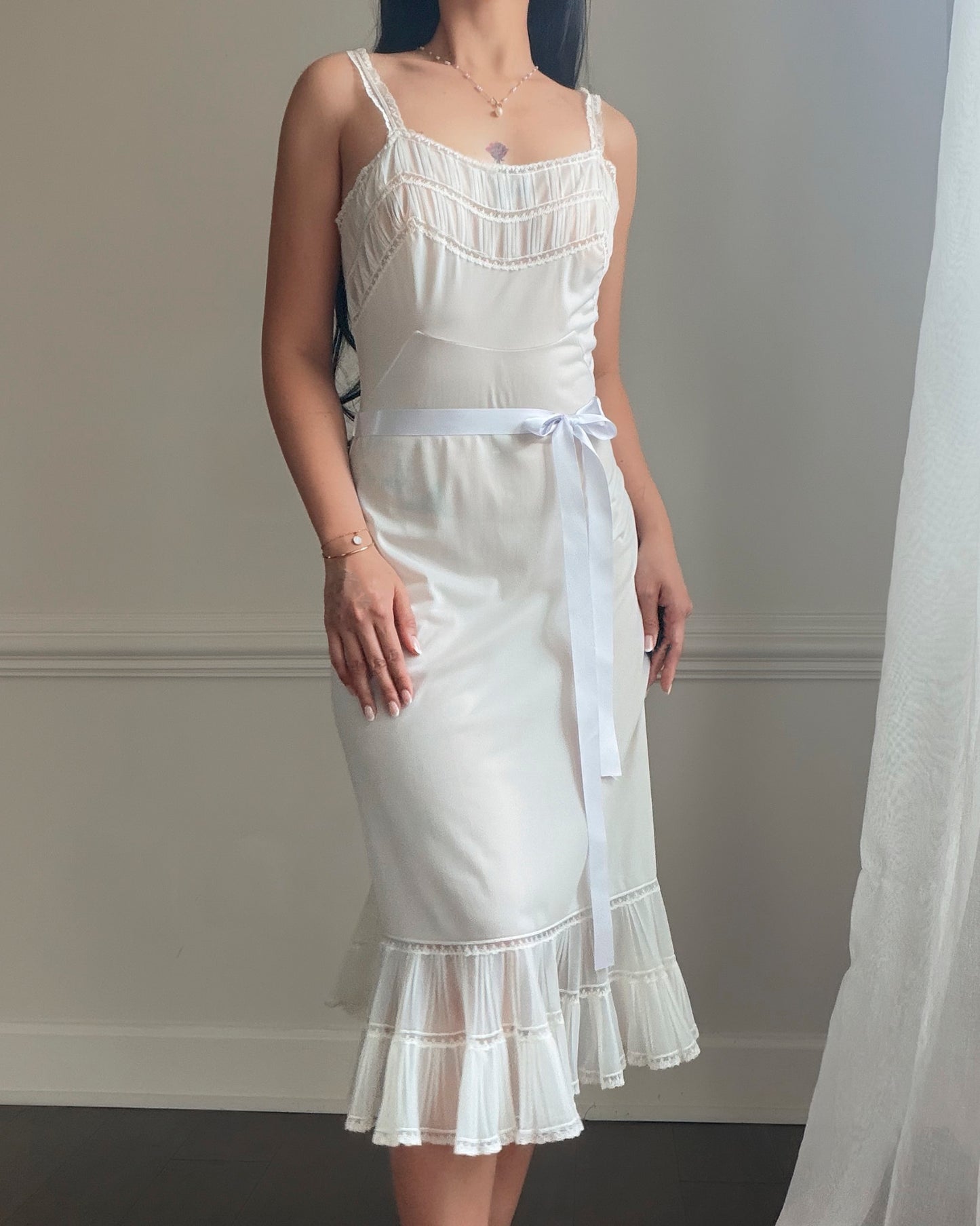 Ivory Pintuck Lace Midi Dress — Satin Ribbon Waist Tie | Vintage 90s