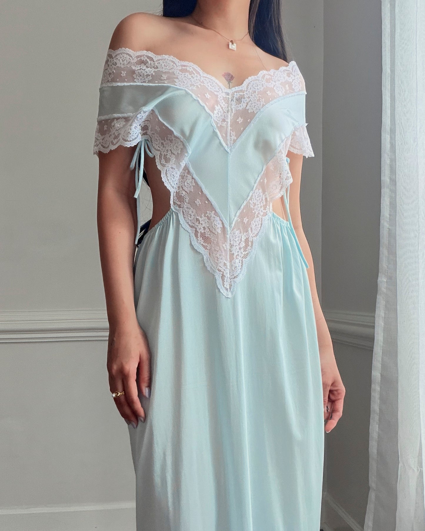Ice Blue Nylon Maxi Nightgown — Wide Scalloped Lace Collar & Open Cutout Sides