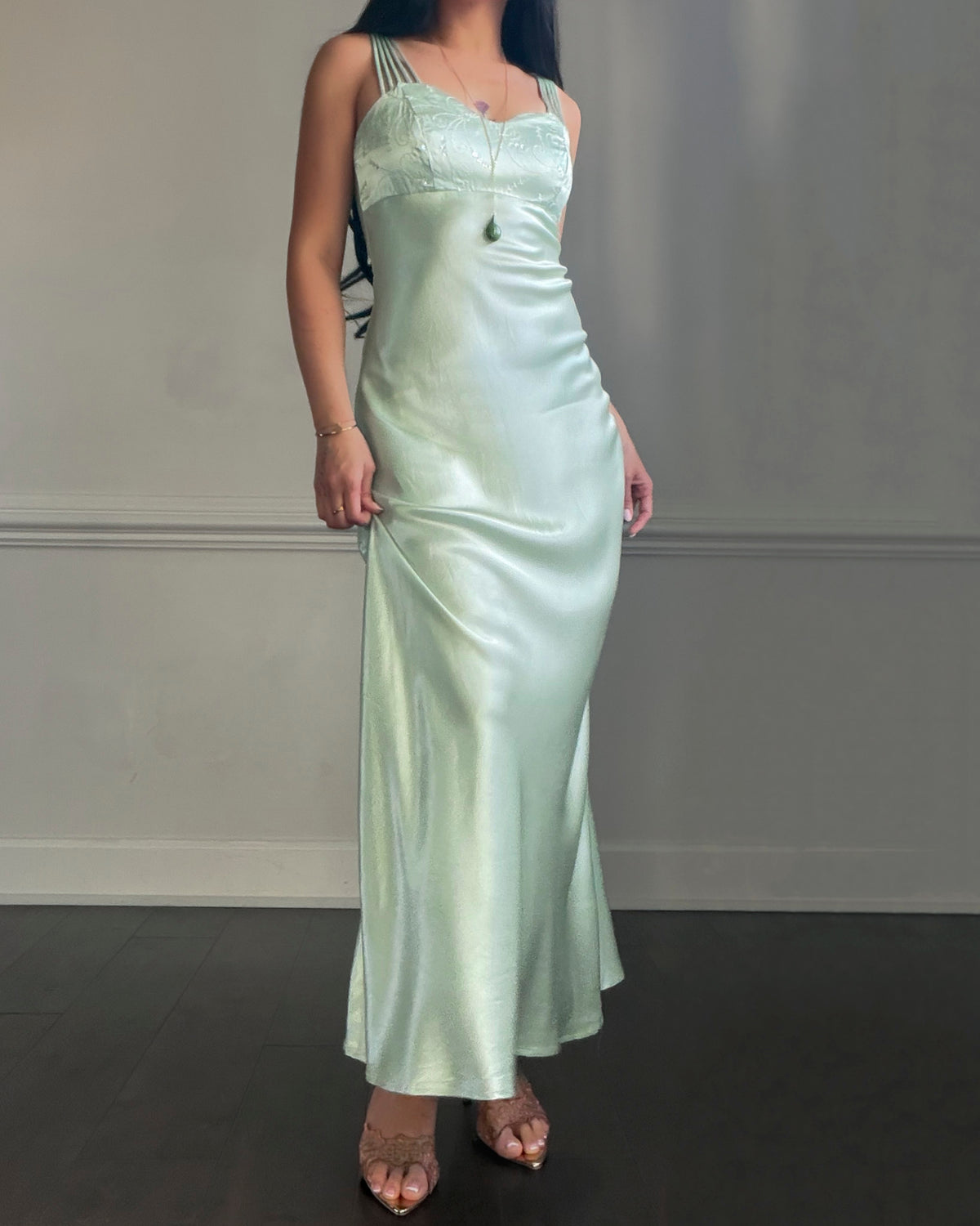 All That Jazz Mint Satin Maxi Dress — Sequin Beaded Bodice & Multi-Strap