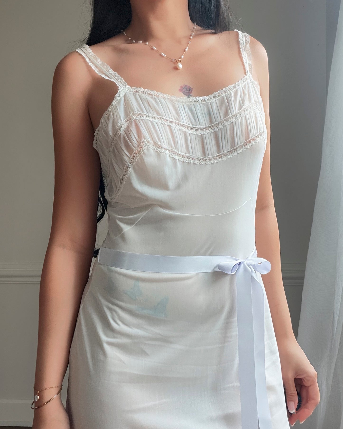Ivory Pintuck Lace Midi Dress — Satin Ribbon Waist Tie | Vintage 90s
