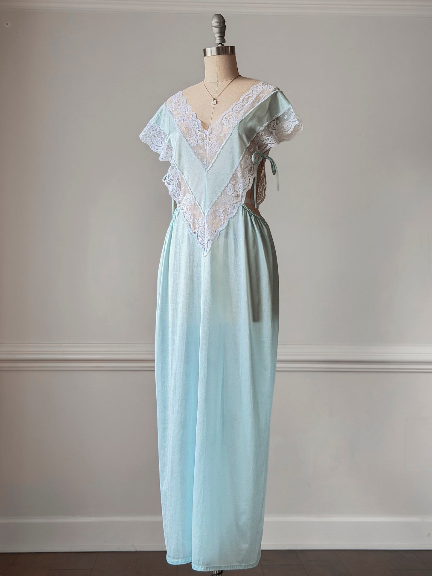 Ice Blue Nylon Maxi Nightgown — Wide Scalloped Lace Collar & Open Cutout Sides