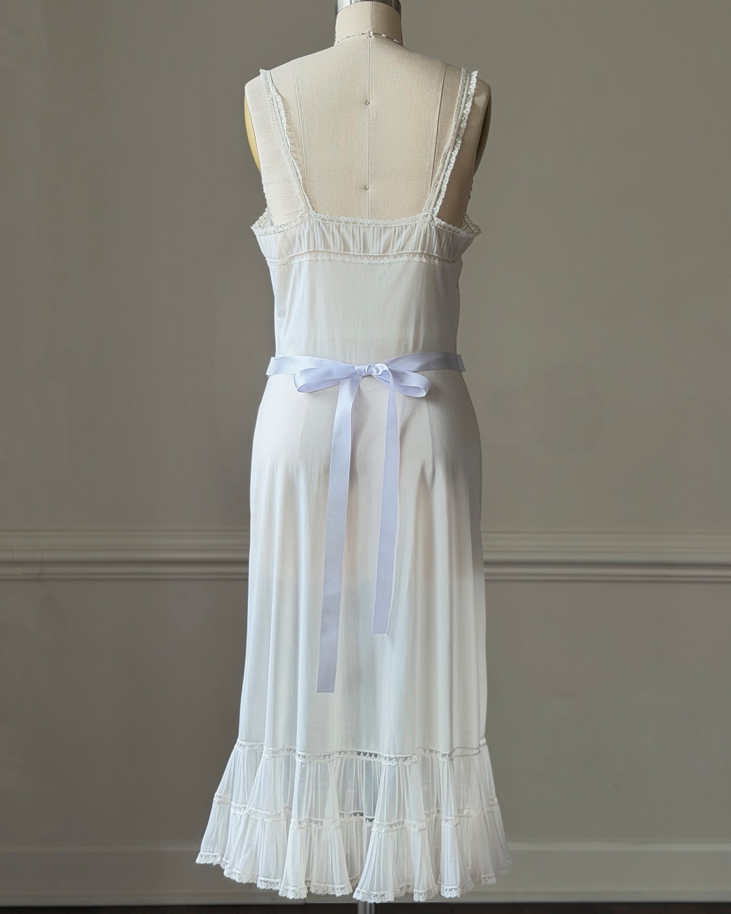 Ivory Pintuck Lace Midi Dress — Satin Ribbon Waist Tie | Vintage 90s