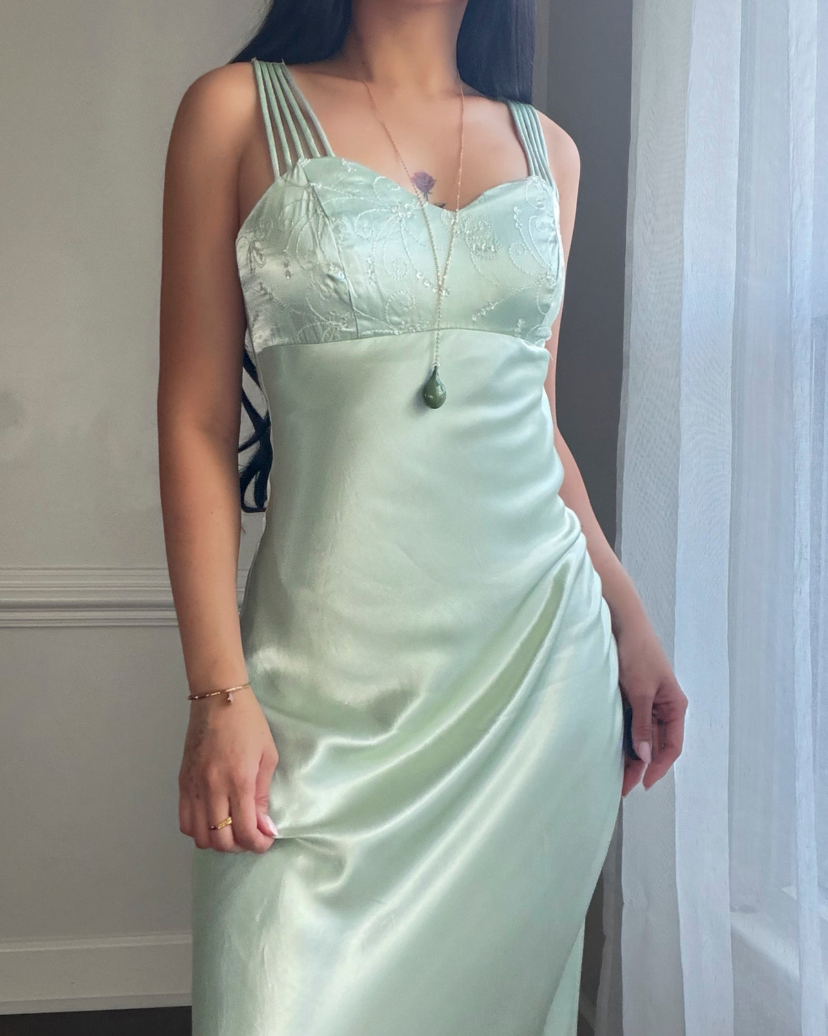 All That Jazz Mint Satin Maxi Dress — Sequin Beaded Bodice & Multi-Strap