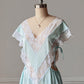 Ice Blue Nylon Maxi Nightgown — Wide Scalloped Lace Collar & Open Cutout Sides