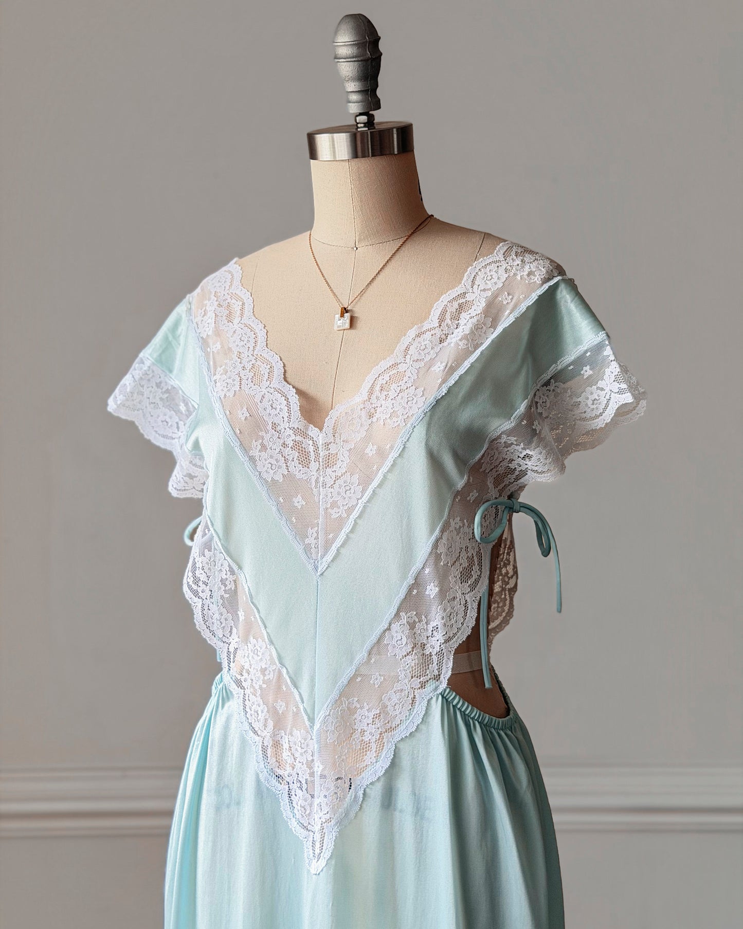 Ice Blue Nylon Maxi Nightgown — Wide Scalloped Lace Collar & Open Cutout Sides