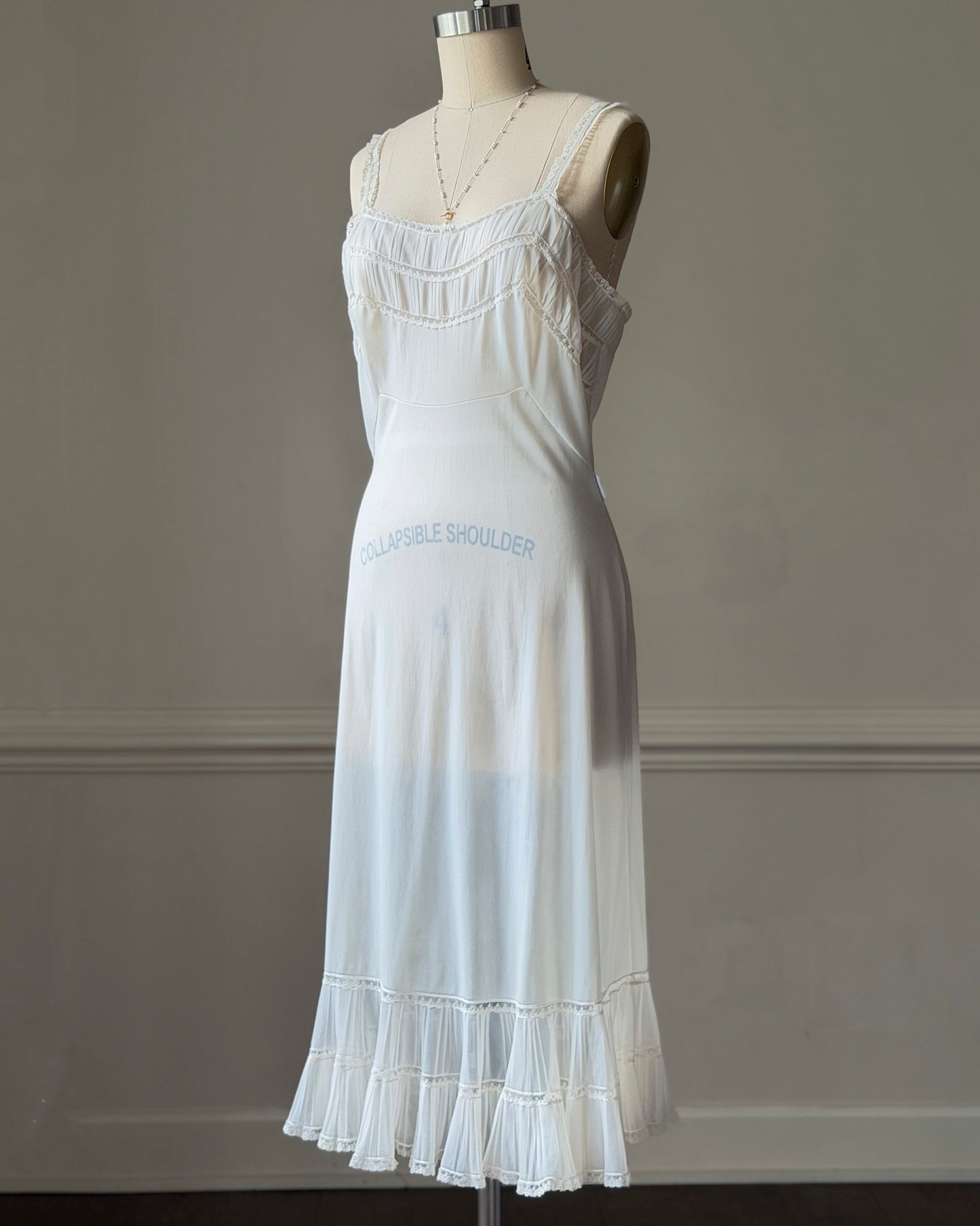 Ivory Pintuck Lace Midi Dress — Satin Ribbon Waist Tie | Vintage 90s