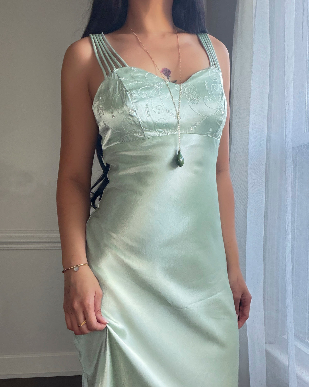 All That Jazz Mint Satin Maxi Dress — Sequin Beaded Bodice & Multi-Strap