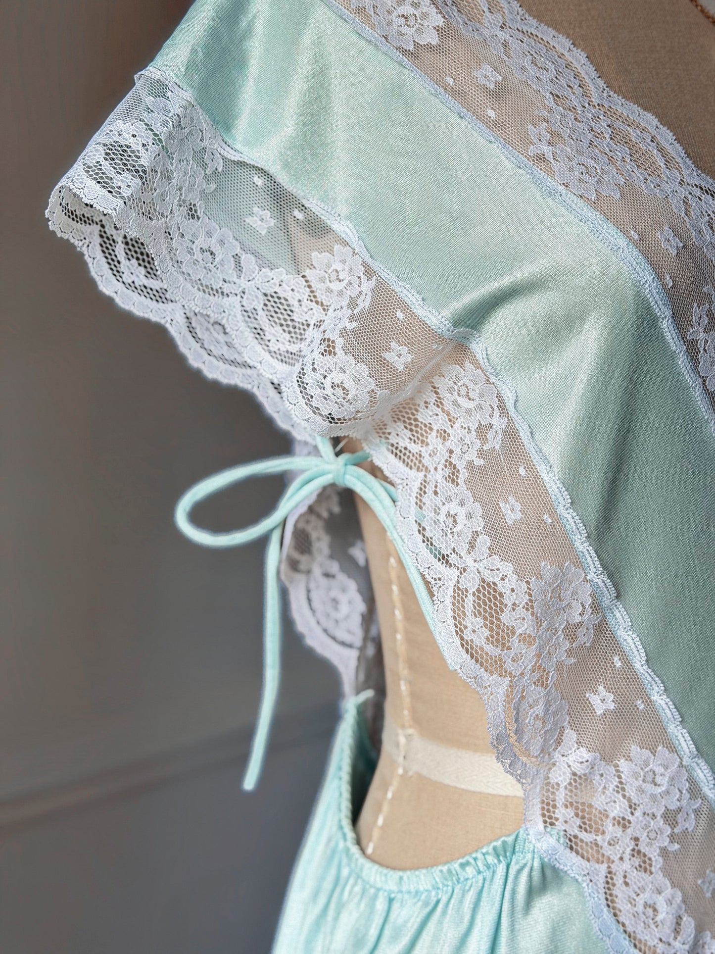 Ice Blue Nylon Maxi Nightgown — Wide Scalloped Lace Collar & Open Cutout Sides