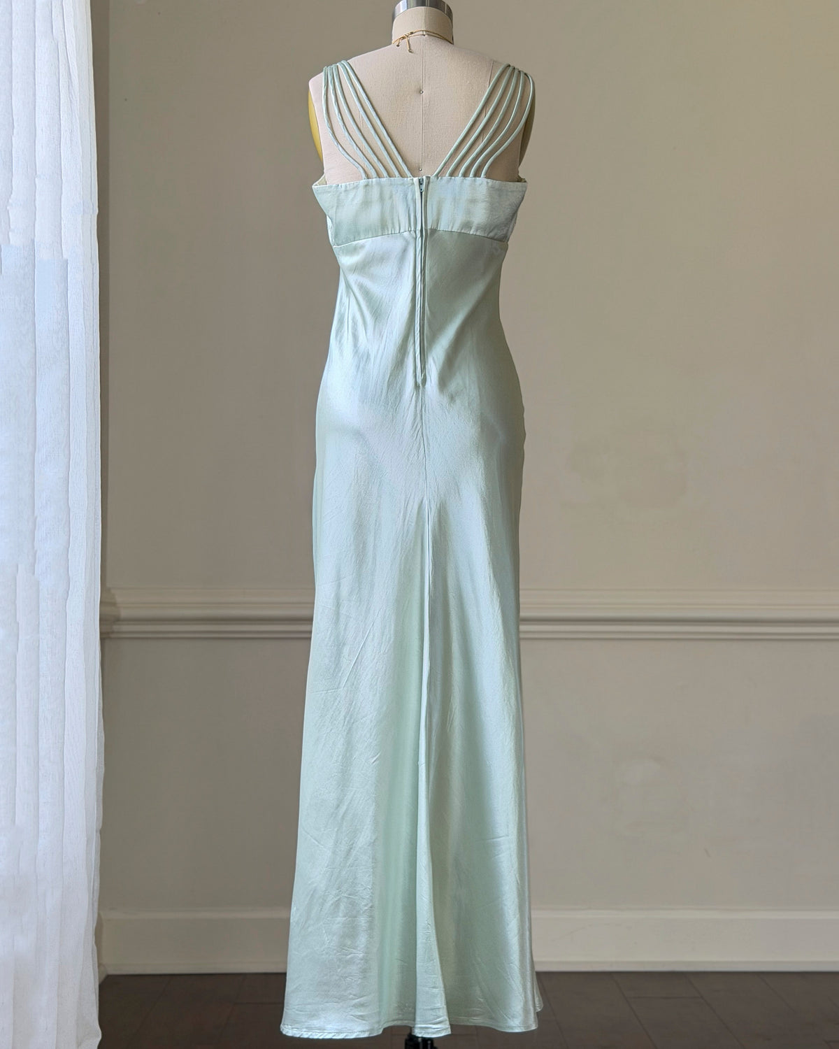 All That Jazz Mint Satin Maxi Dress — Sequin Beaded Bodice & Multi-Strap