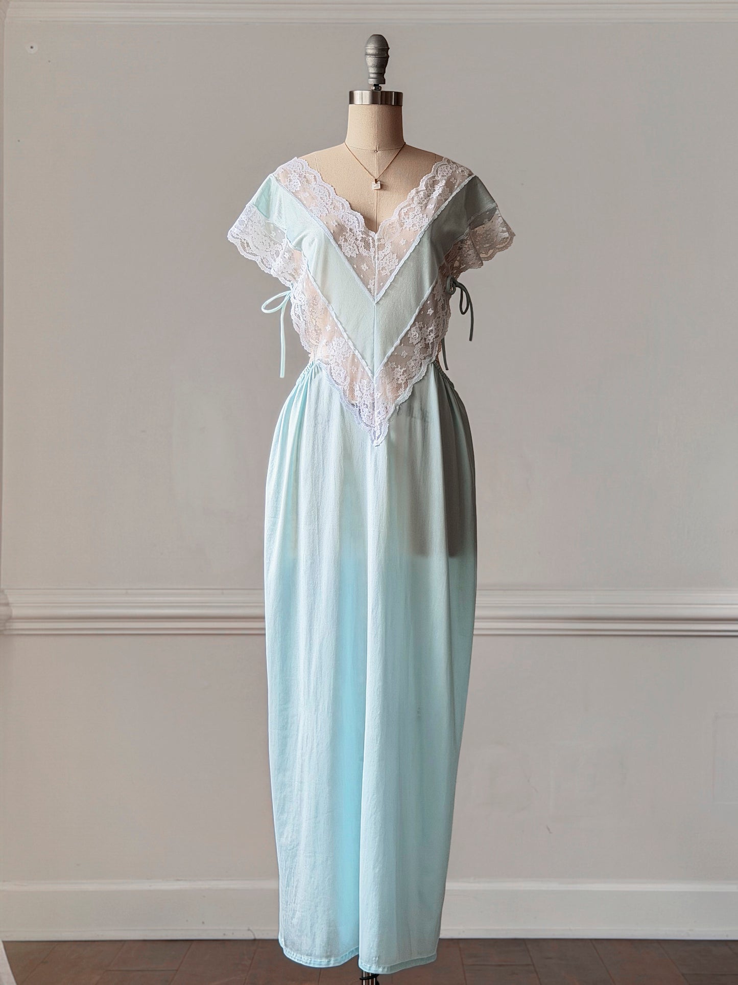 Ice Blue Nylon Maxi Nightgown — Wide Scalloped Lace Collar & Open Cutout Sides