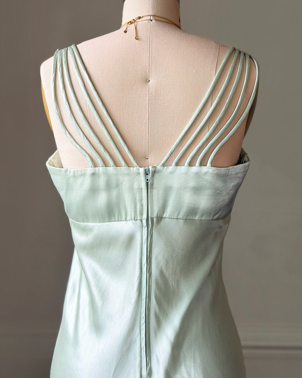 All That Jazz Mint Satin Maxi Dress — Sequin Beaded Bodice & Multi-Strap