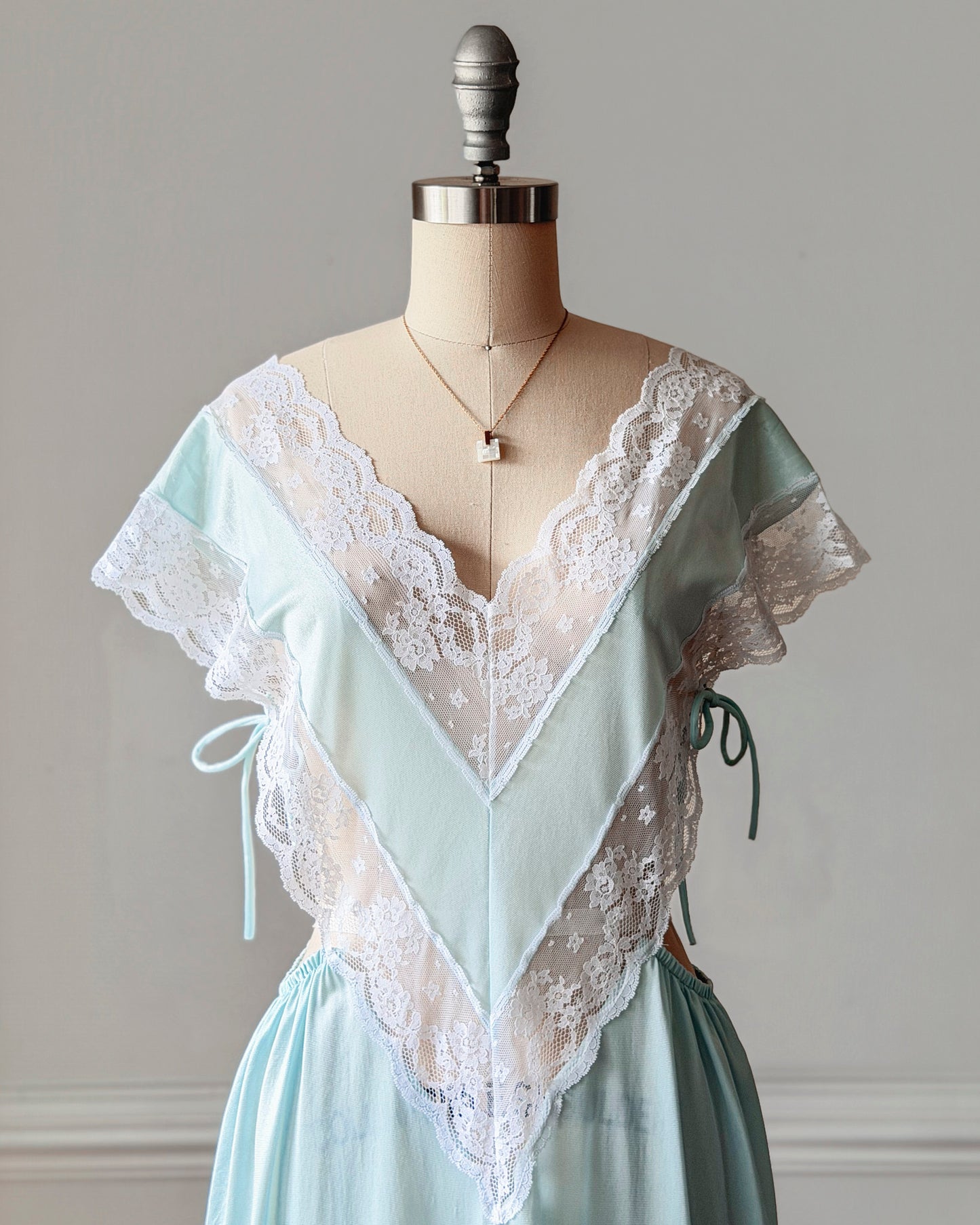 Ice Blue Nylon Maxi Nightgown — Wide Scalloped Lace Collar & Open Cutout Sides