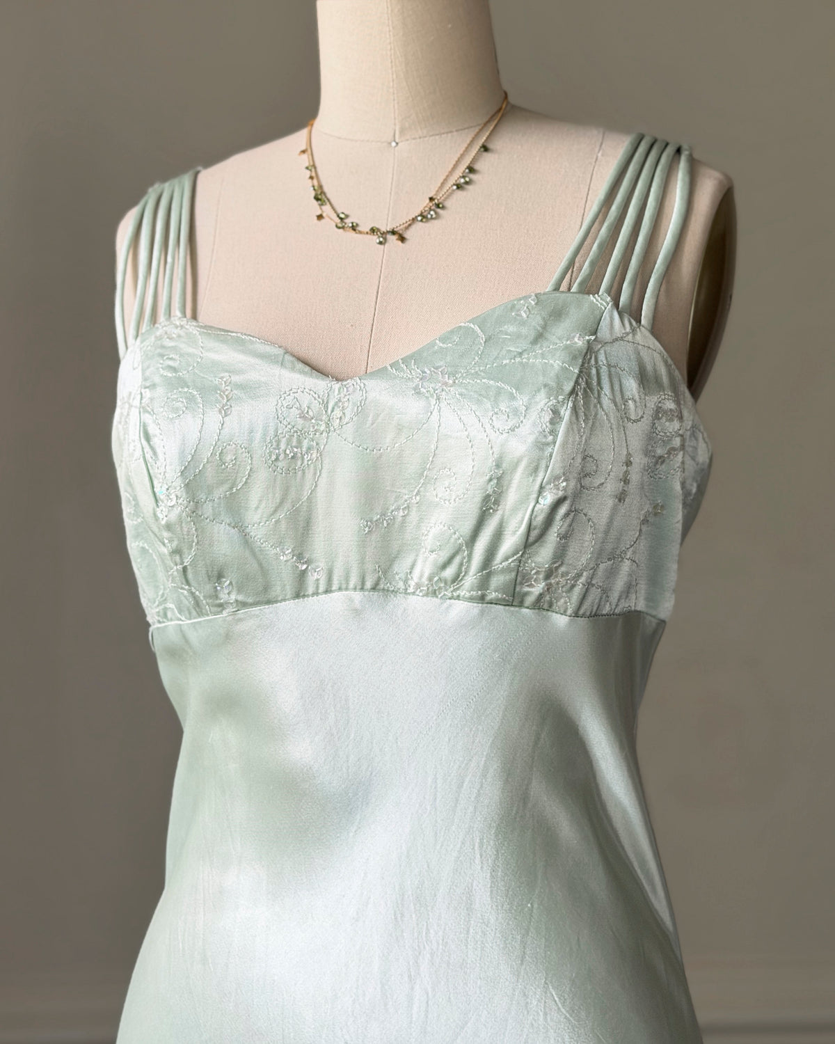 All That Jazz Mint Satin Maxi Dress — Sequin Beaded Bodice & Multi-Strap