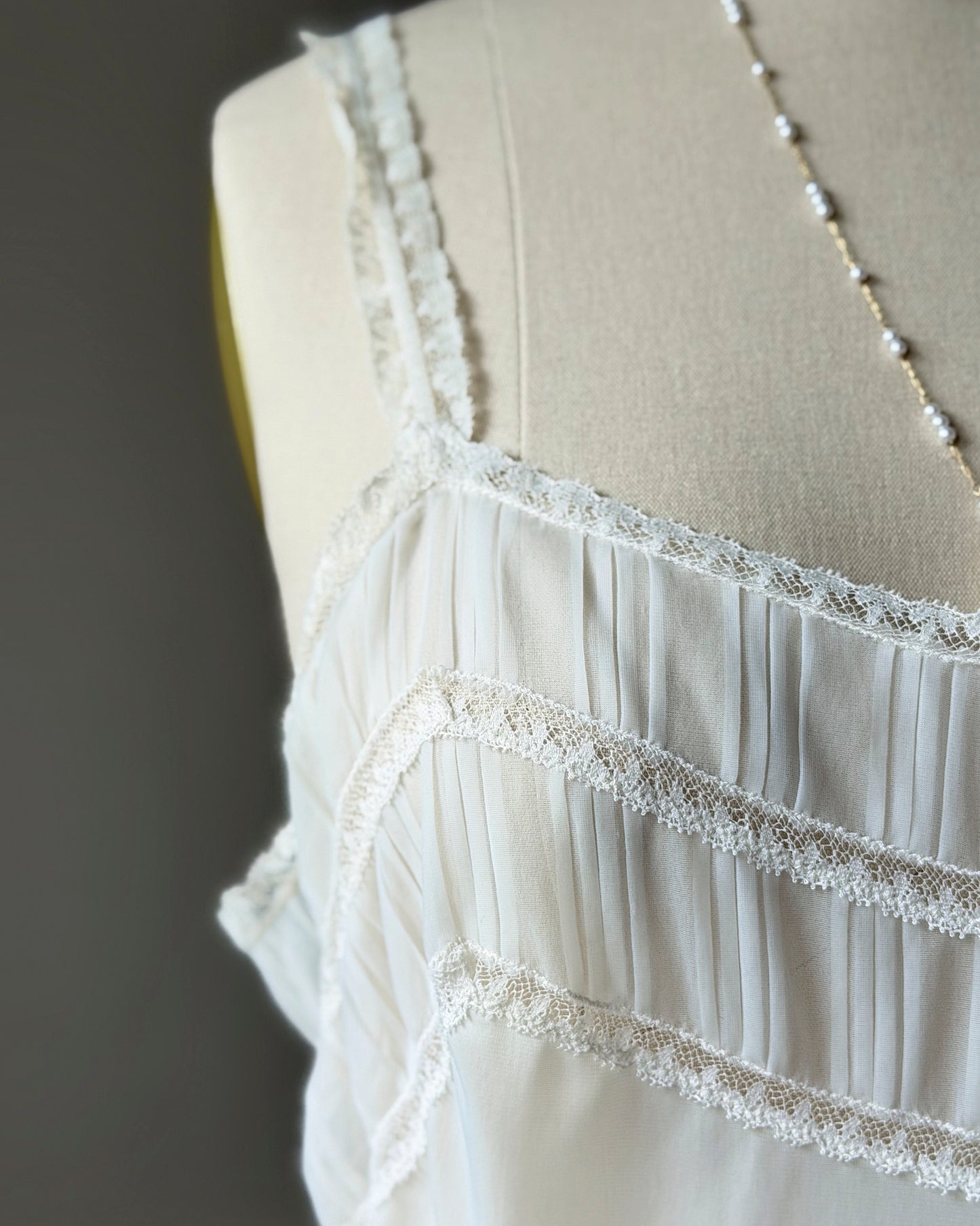 Ivory Pintuck Lace Midi Dress — Satin Ribbon Waist Tie | Vintage 90s