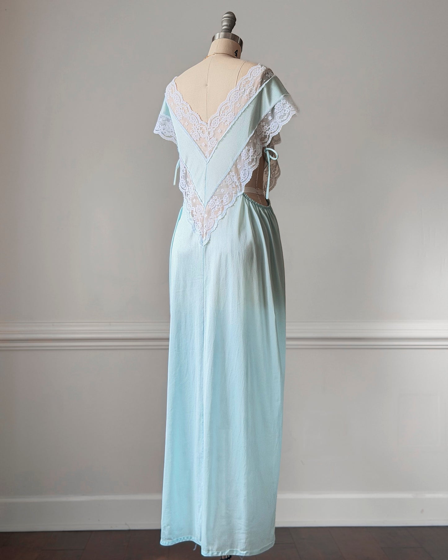 Ice Blue Nylon Maxi Nightgown — Wide Scalloped Lace Collar & Open Cutout Sides