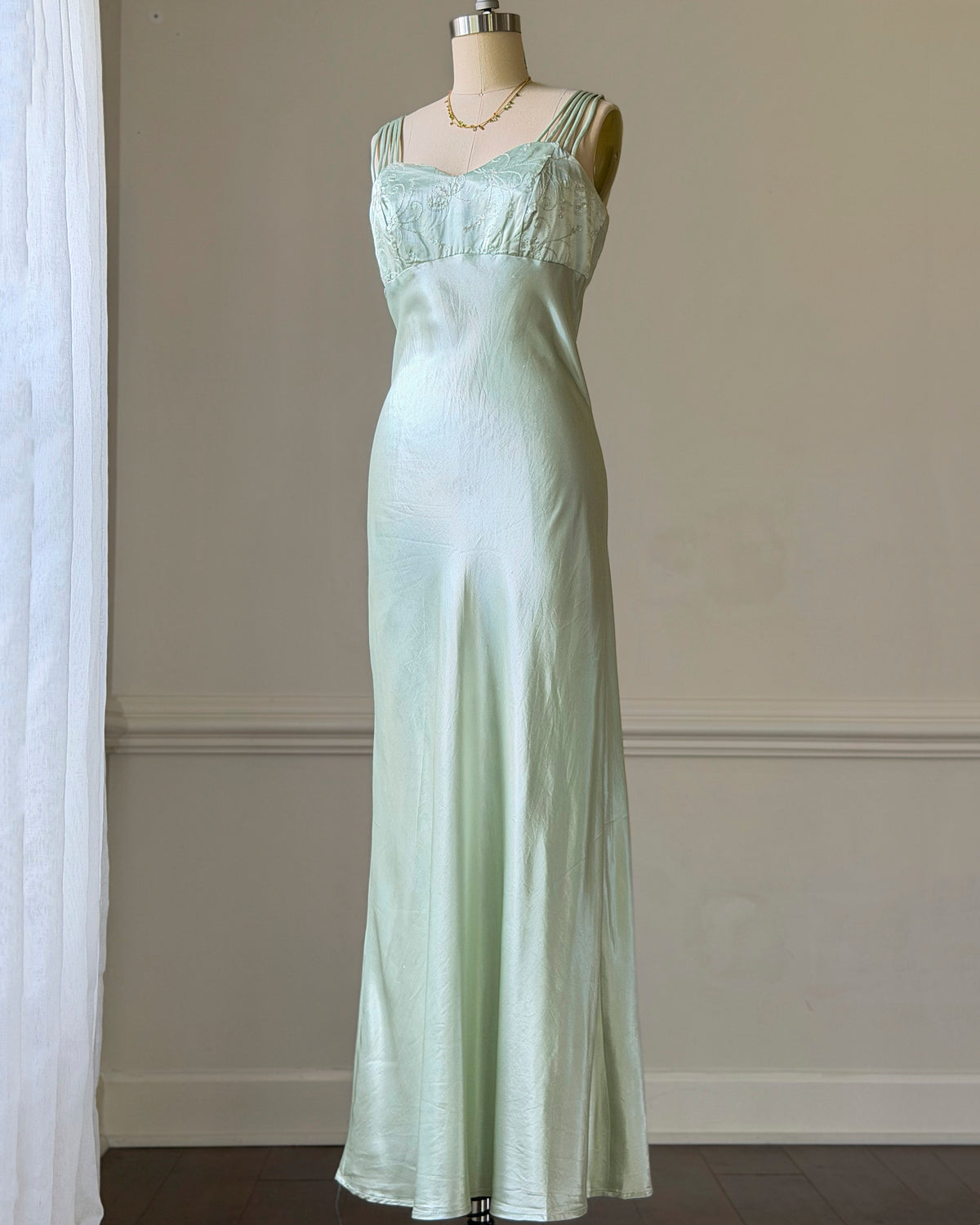 All That Jazz Mint Satin Maxi Dress — Sequin Beaded Bodice & Multi-Strap