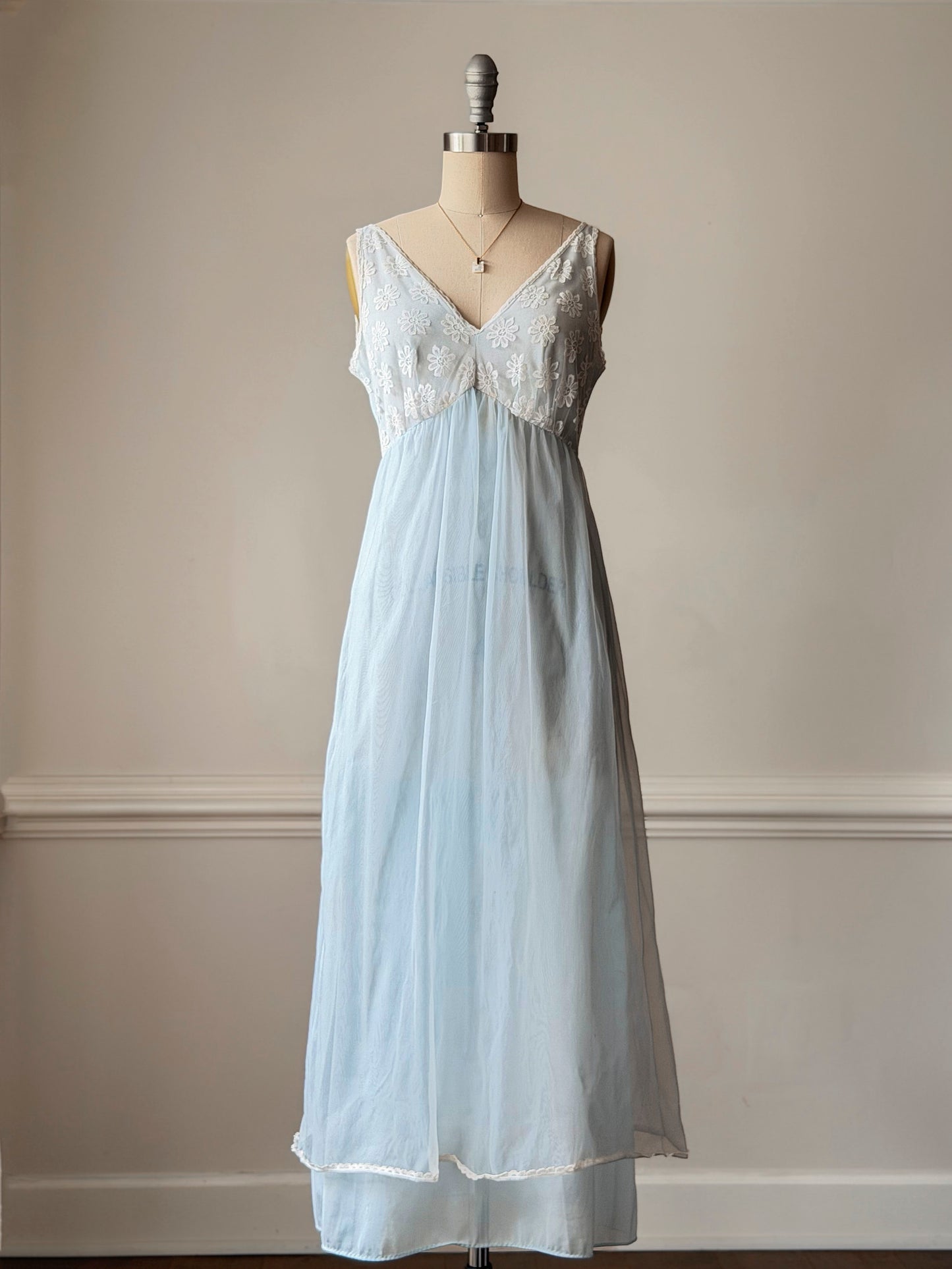 Baby Blue Sheer Daisy Lace Maxi Nightgown — Floral Embroidered Bodice