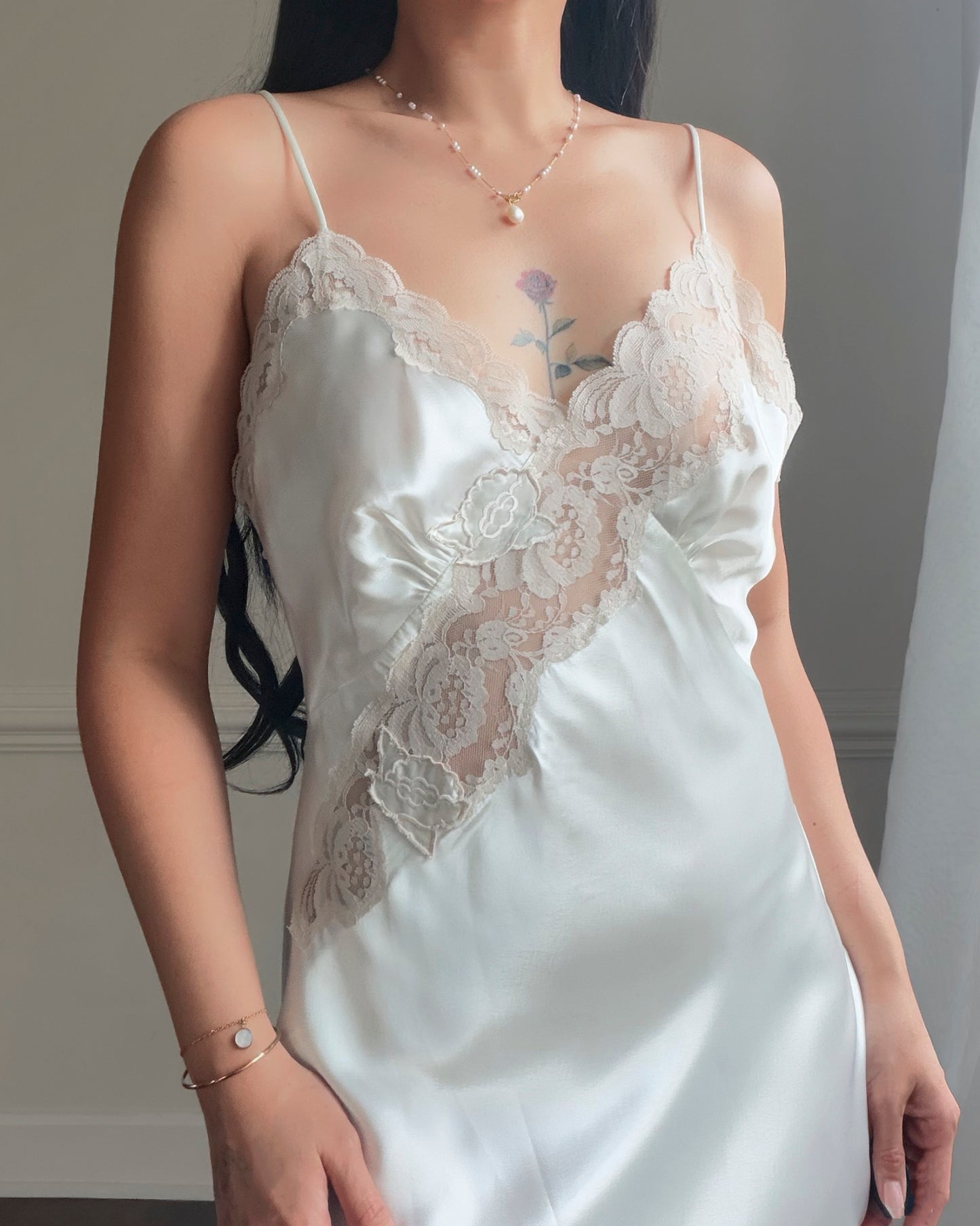 Victoria's Secret White Satin Maxi Slip Dress — Lace Appliqué Bodice