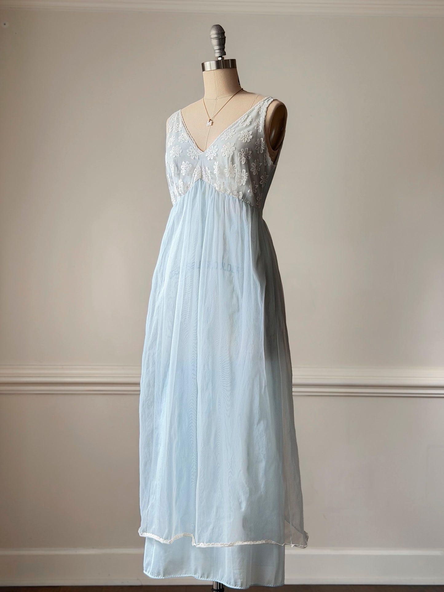 Baby Blue Sheer Daisy Lace Maxi Nightgown — Floral Embroidered Bodice