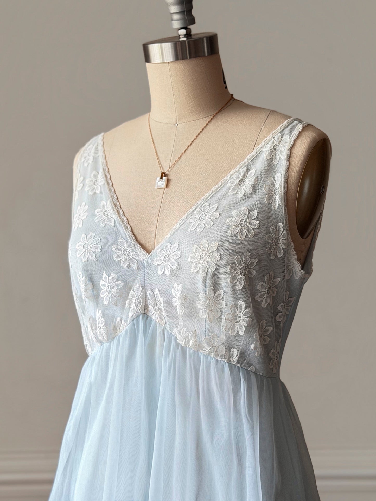 Baby Blue Sheer Daisy Lace Maxi Nightgown — Floral Embroidered Bodice
