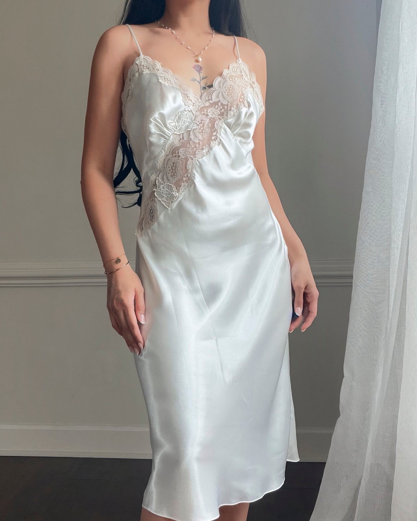 Victoria's Secret White Satin Maxi Slip Dress — Lace Appliqué Bodice
