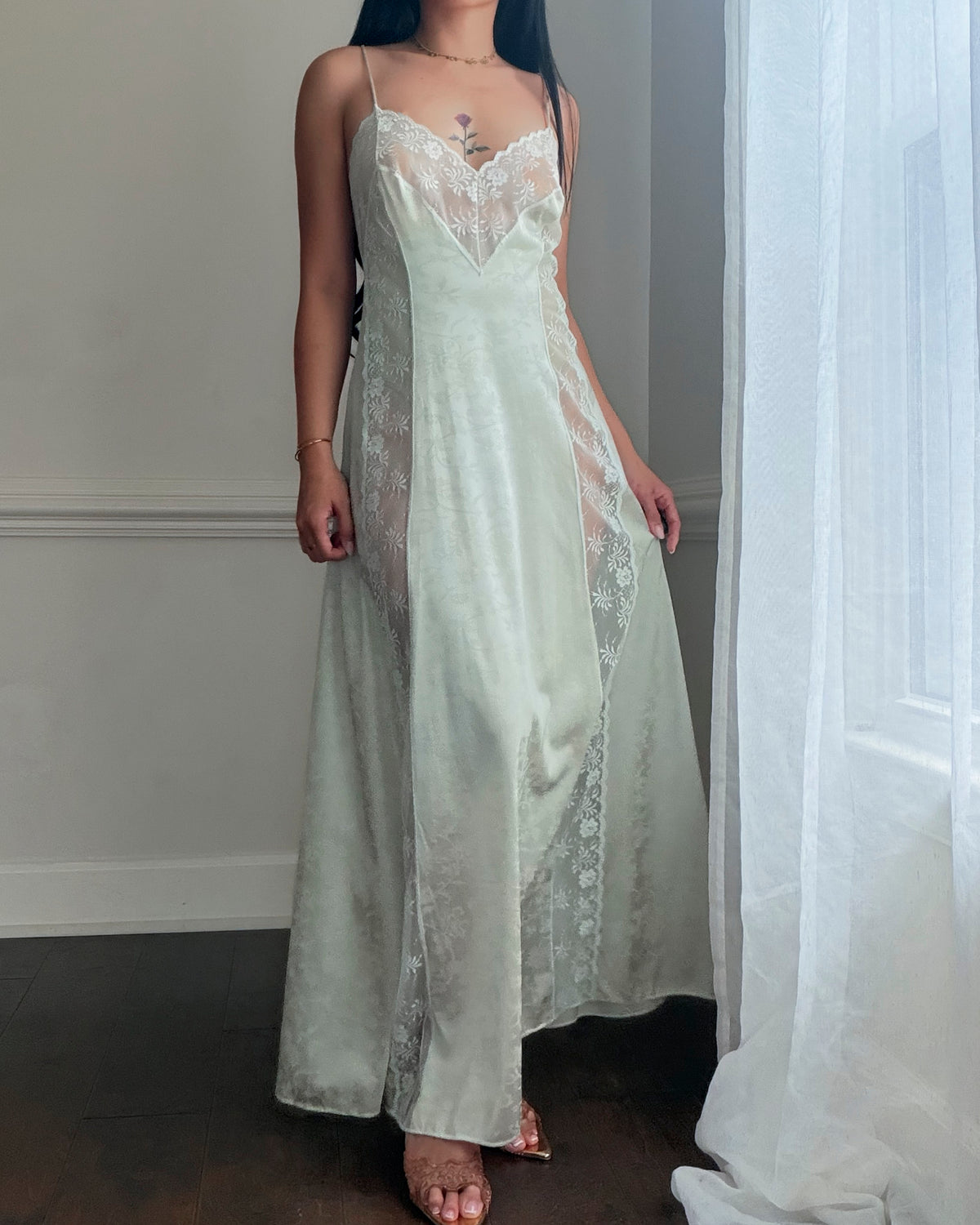 Jolie Two Pearl Sage Nylon Lace Panel Slip Dress — Floral Lace & Jacquard