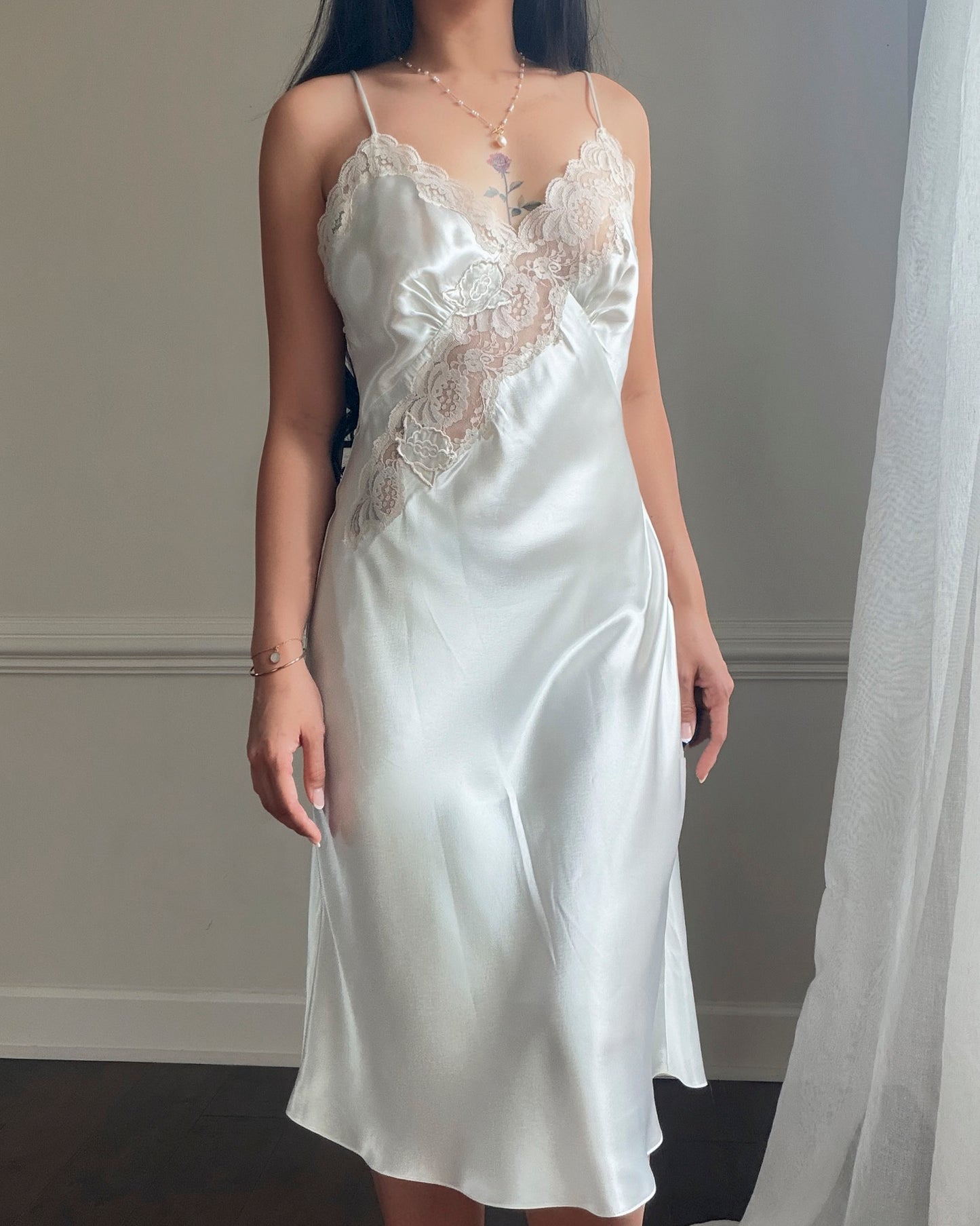 Victoria's Secret White Satin Maxi Slip Dress — Lace Appliqué Bodice