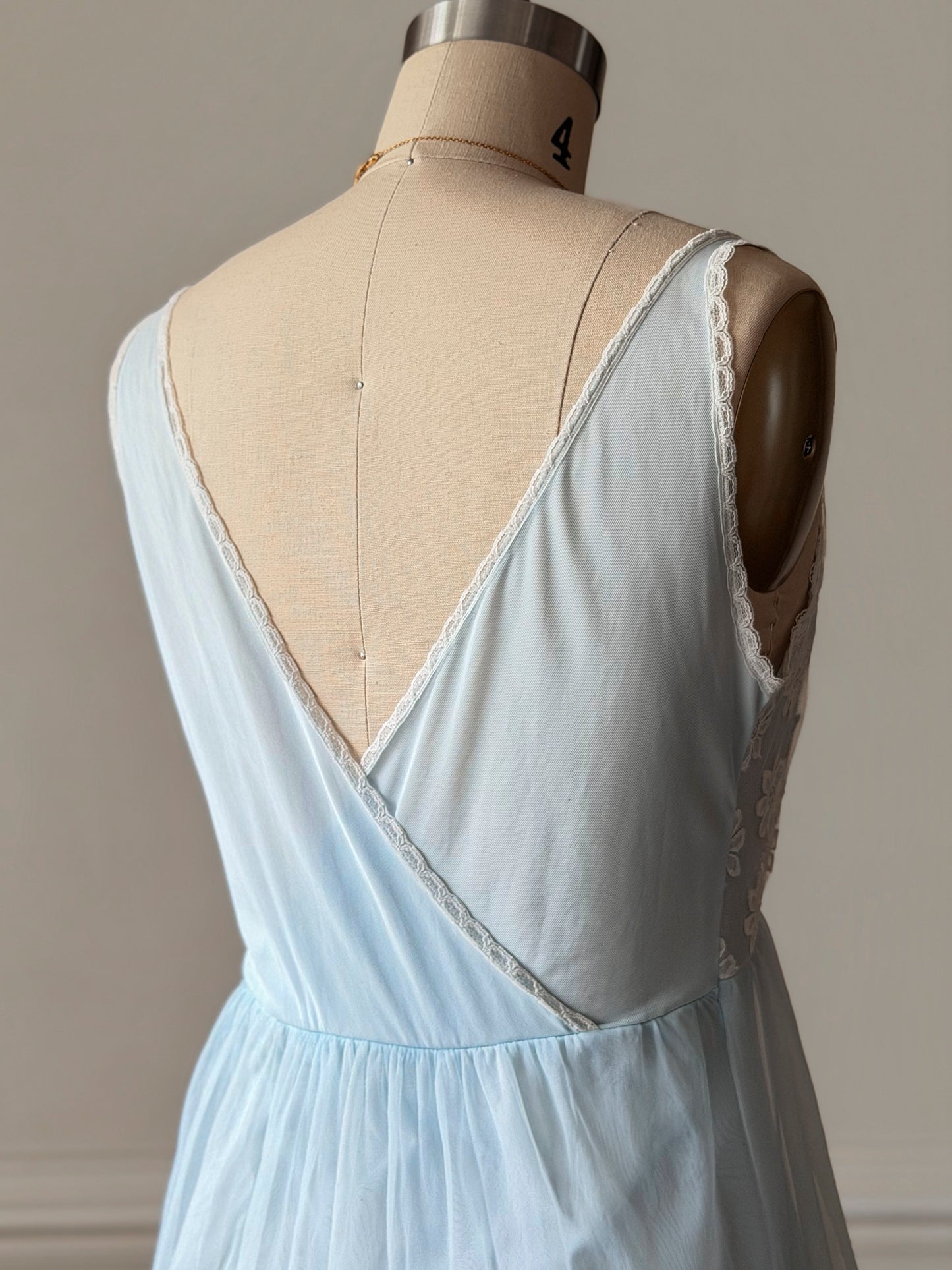 Baby Blue Sheer Daisy Lace Maxi Nightgown — Floral Embroidered Bodice