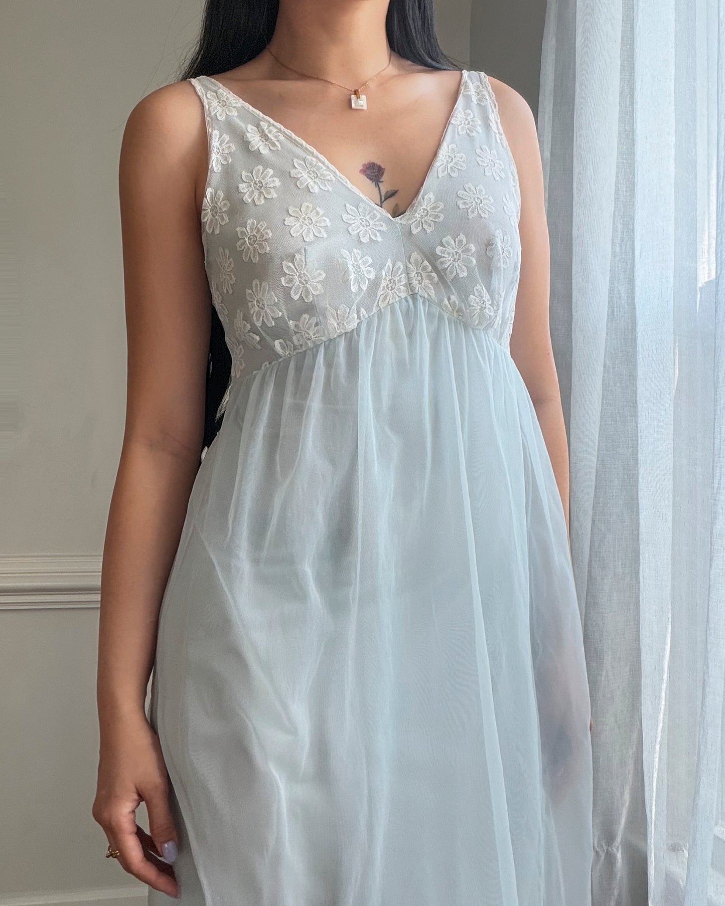 Baby Blue Sheer Daisy Lace Maxi Nightgown — Floral Embroidered Bodice