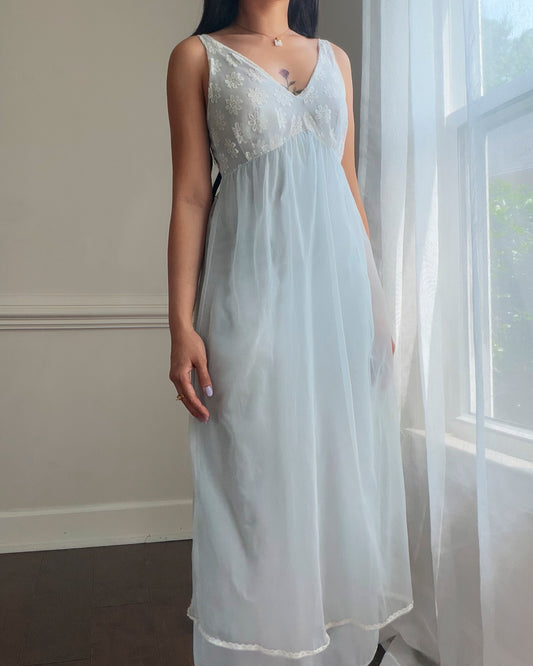 Baby Blue Sheer Daisy Lace Maxi Nightgown — Floral Embroidered Bodice