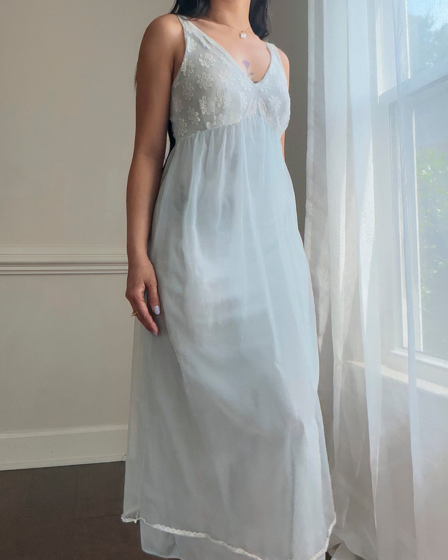 Baby Blue Sheer Daisy Lace Maxi Nightgown — Floral Embroidered Bodice
