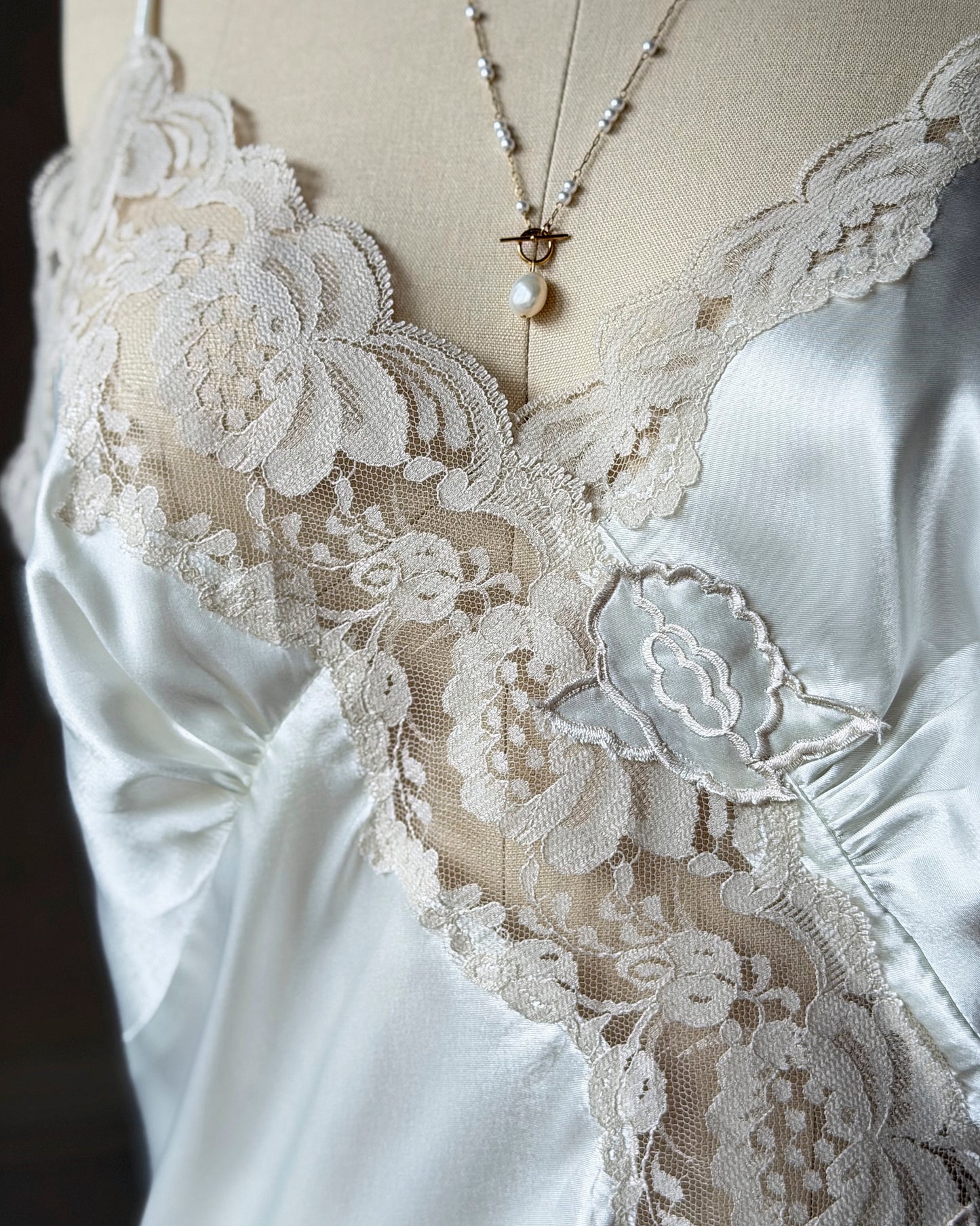 Victoria's Secret White Satin Maxi Slip Dress — Lace Appliqué Bodice
