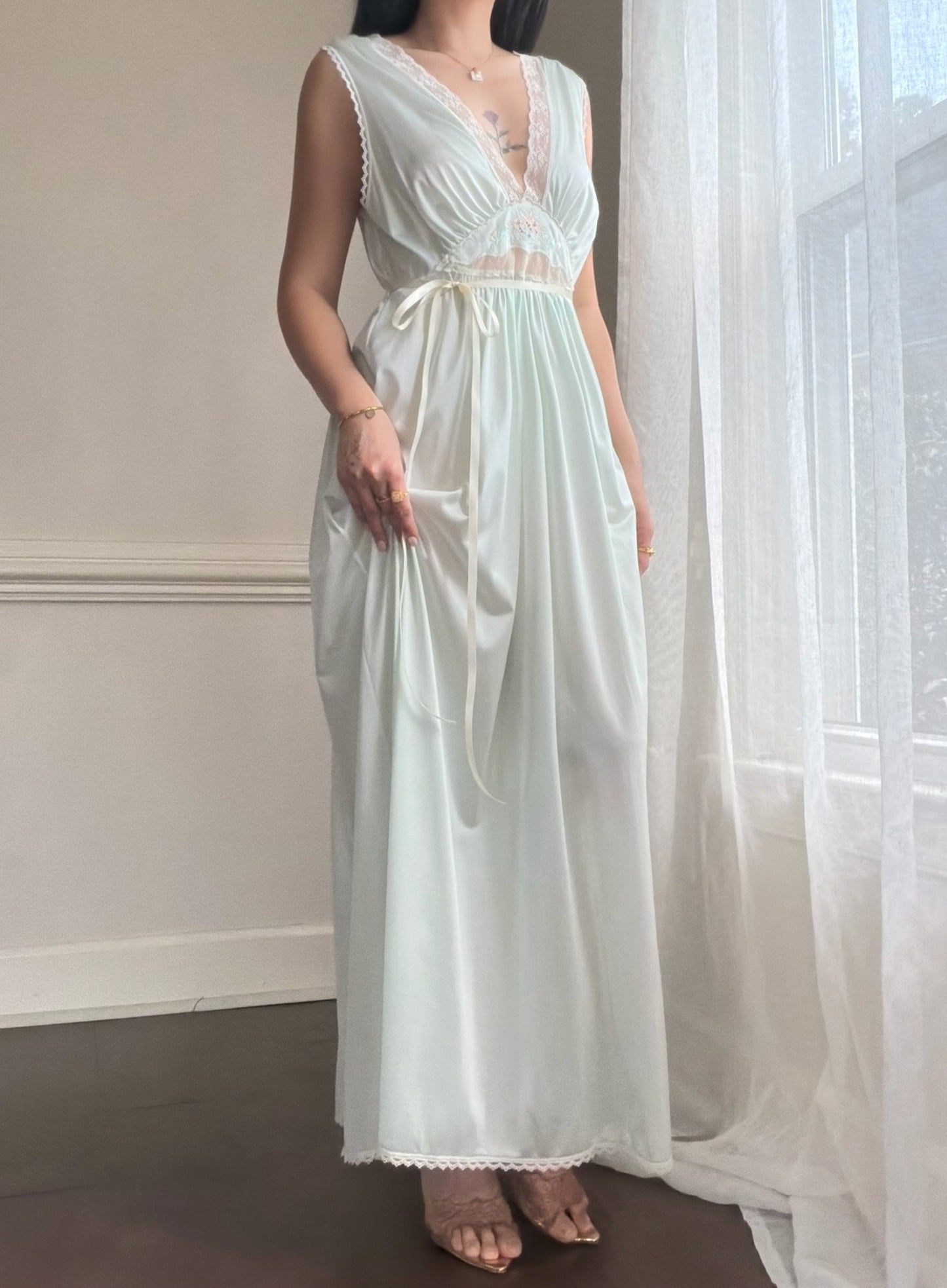 Vintage pastel mint satin nightgown