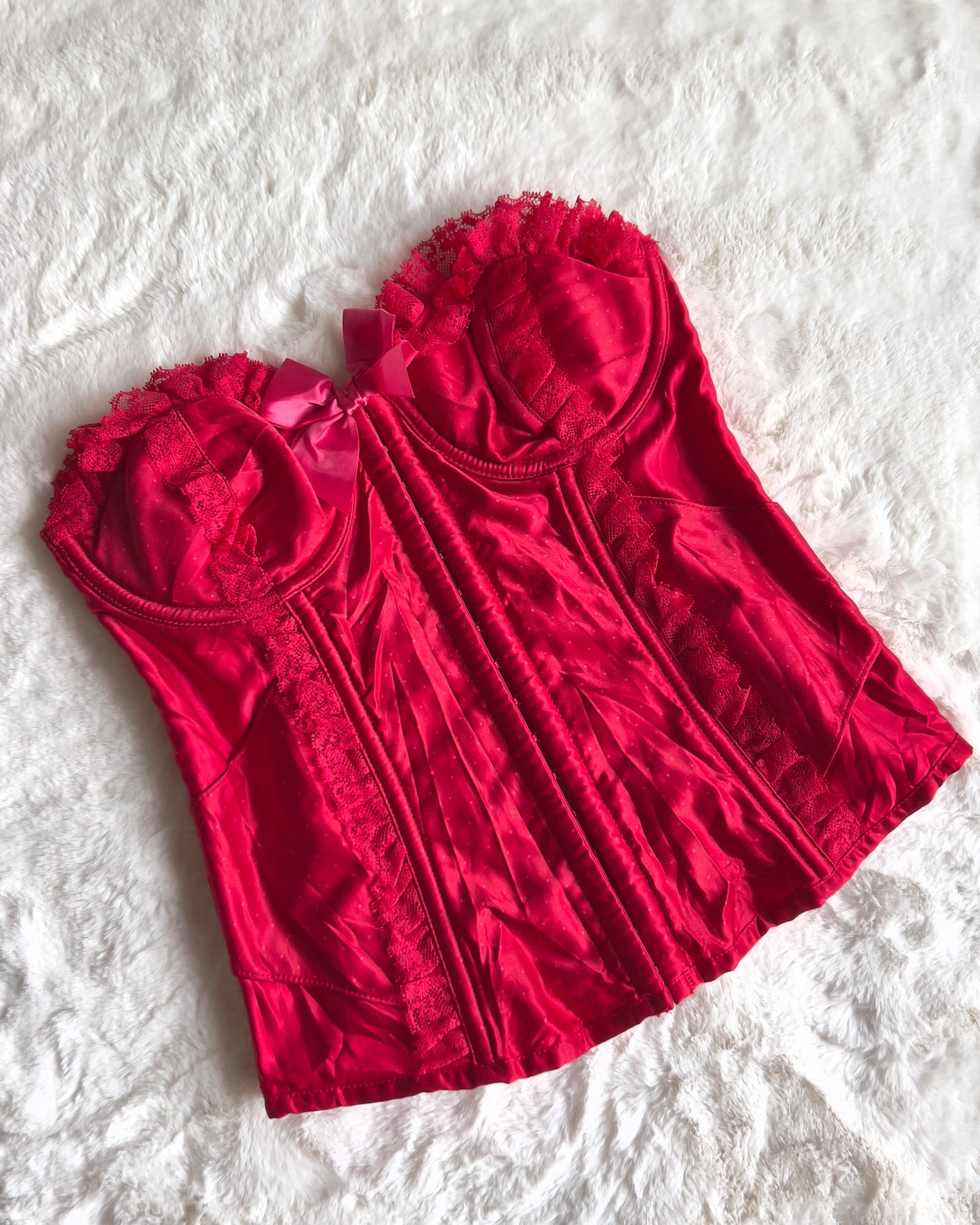 RARE Victoria’s Secret Strapless Bustier Corset in Ruby Red features Lace Sewn-in Cups Adorned with Bow