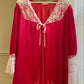 Vintage Silk Red Night Robe features Beautiful Lace Embroidery Collar