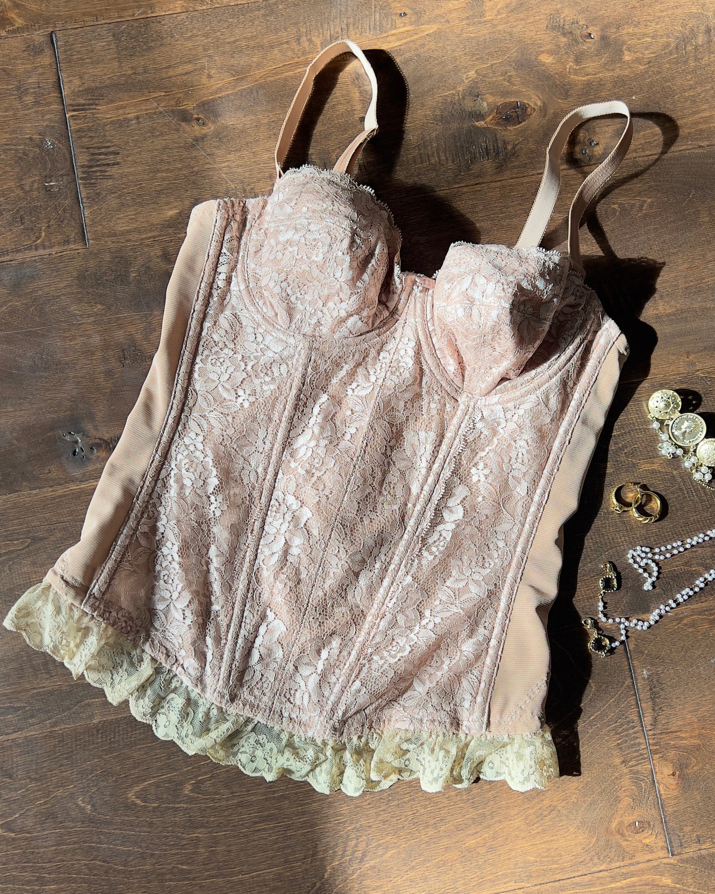 Gorgeous Victorian Bustier Underwired Corset In Nude Tan with Floral Embroidery