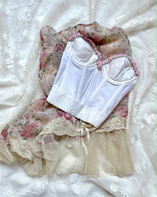 Dreamy Sheer Vintage Floral Dress featuring Rose Garden Prints with Soft Lace Skirt