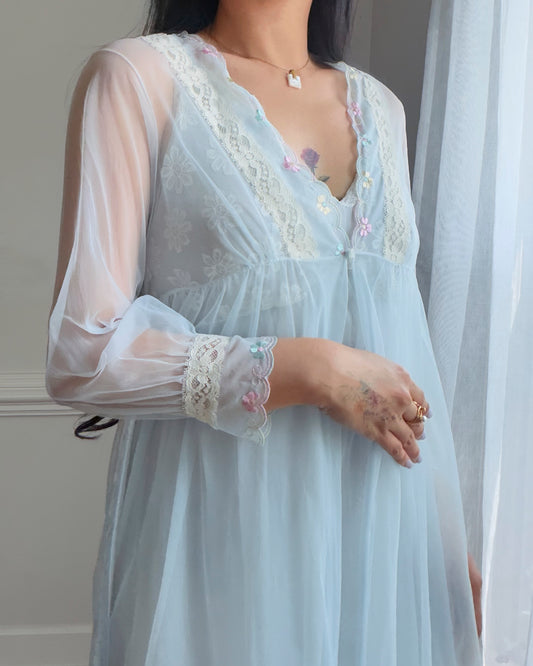 Baby Blue Sheer Peignoir Robe — Lace Cuffs & Colorful Floral Embroidery