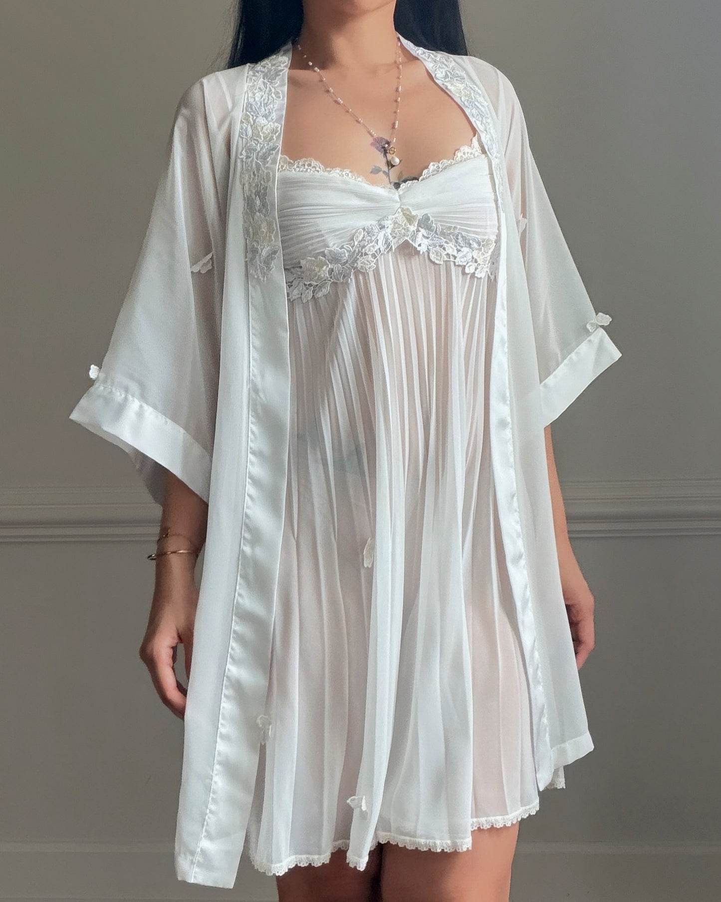 Vera Wang for Fidelta White Peignoir Set — Mesh Chemise & Satin Robe