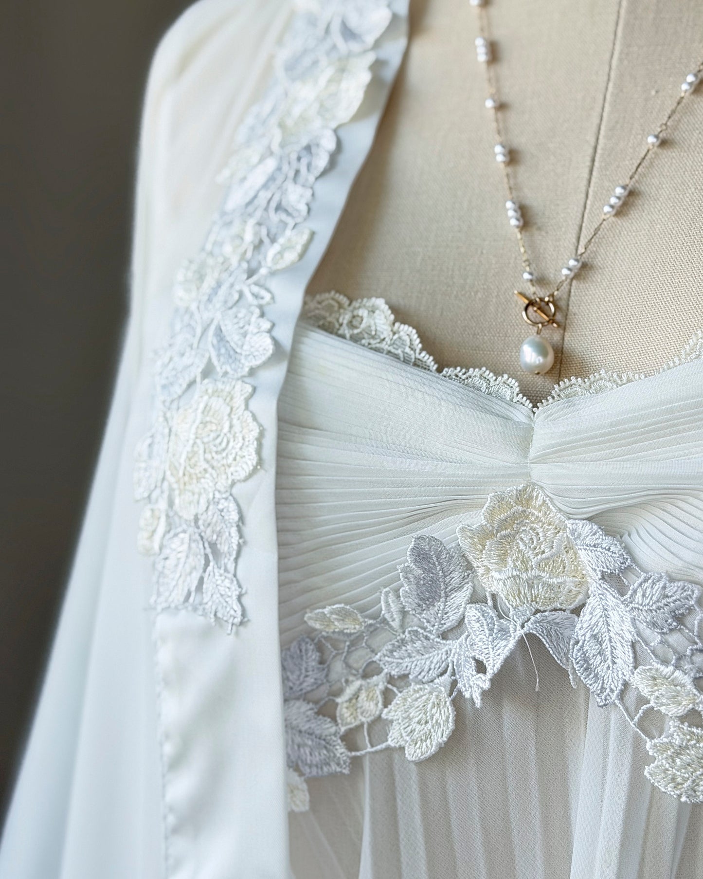 Vera Wang for Fidelta White Peignoir Set — Mesh Chemise & Satin Robe