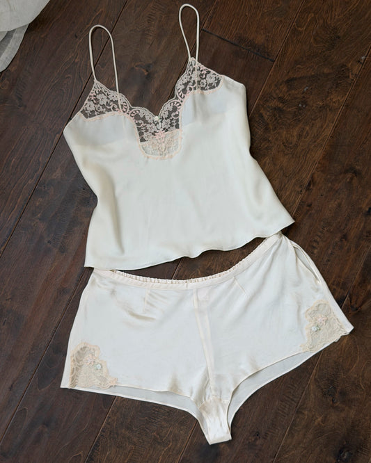 Ivory Satin Cami & Tap Shorts Set — Blush Lace & Rosette Detail