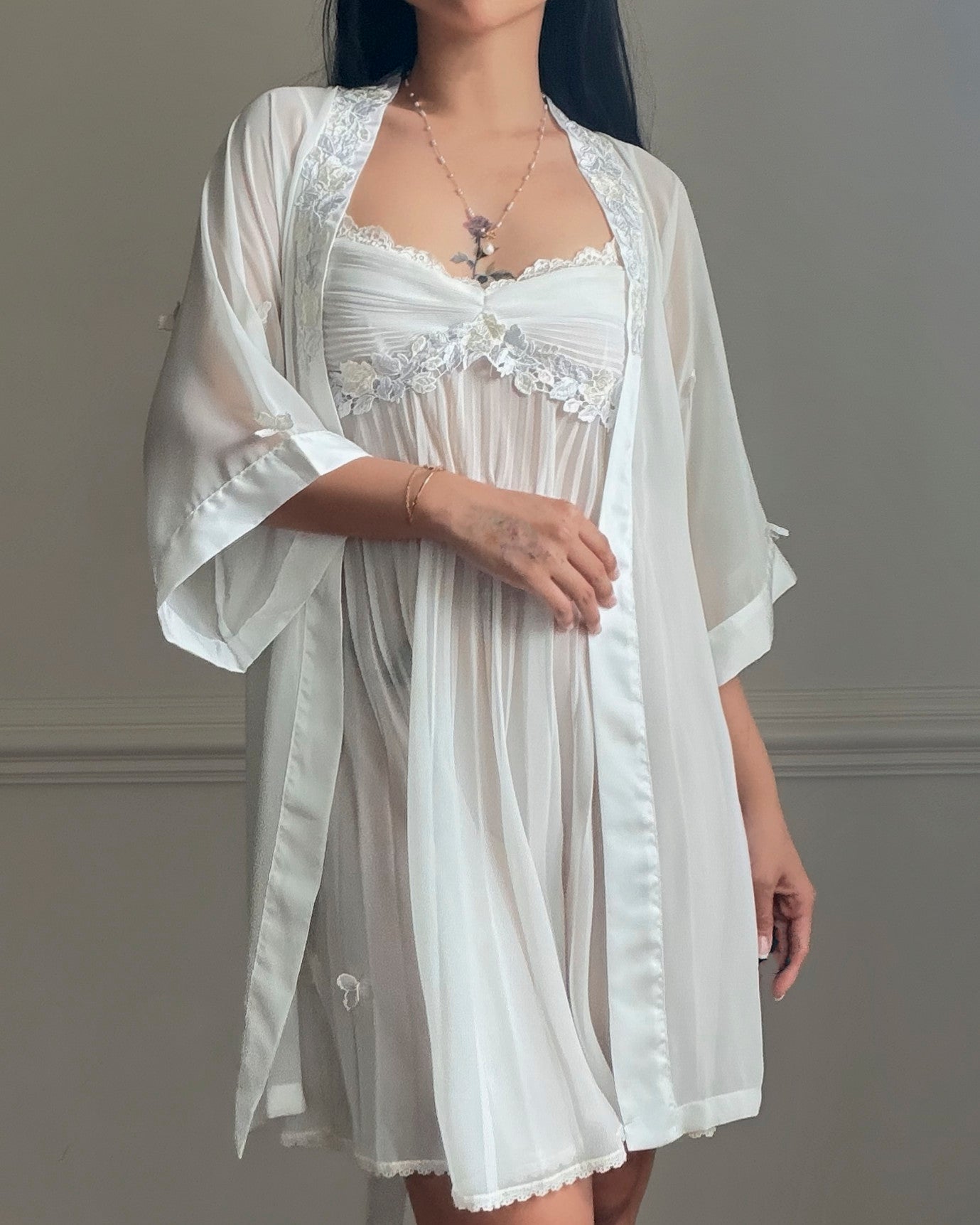 Vera Wang for Fidelta White Peignoir Set — Mesh Chemise & Satin Robe