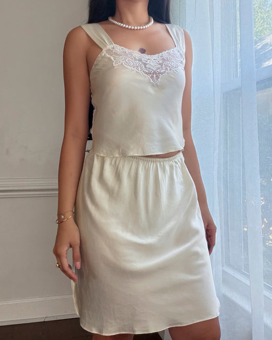 Victoria's Secret Ivory Satin Cami & Silk Slip Skirt Set — Embroidered Lace | Gold Label