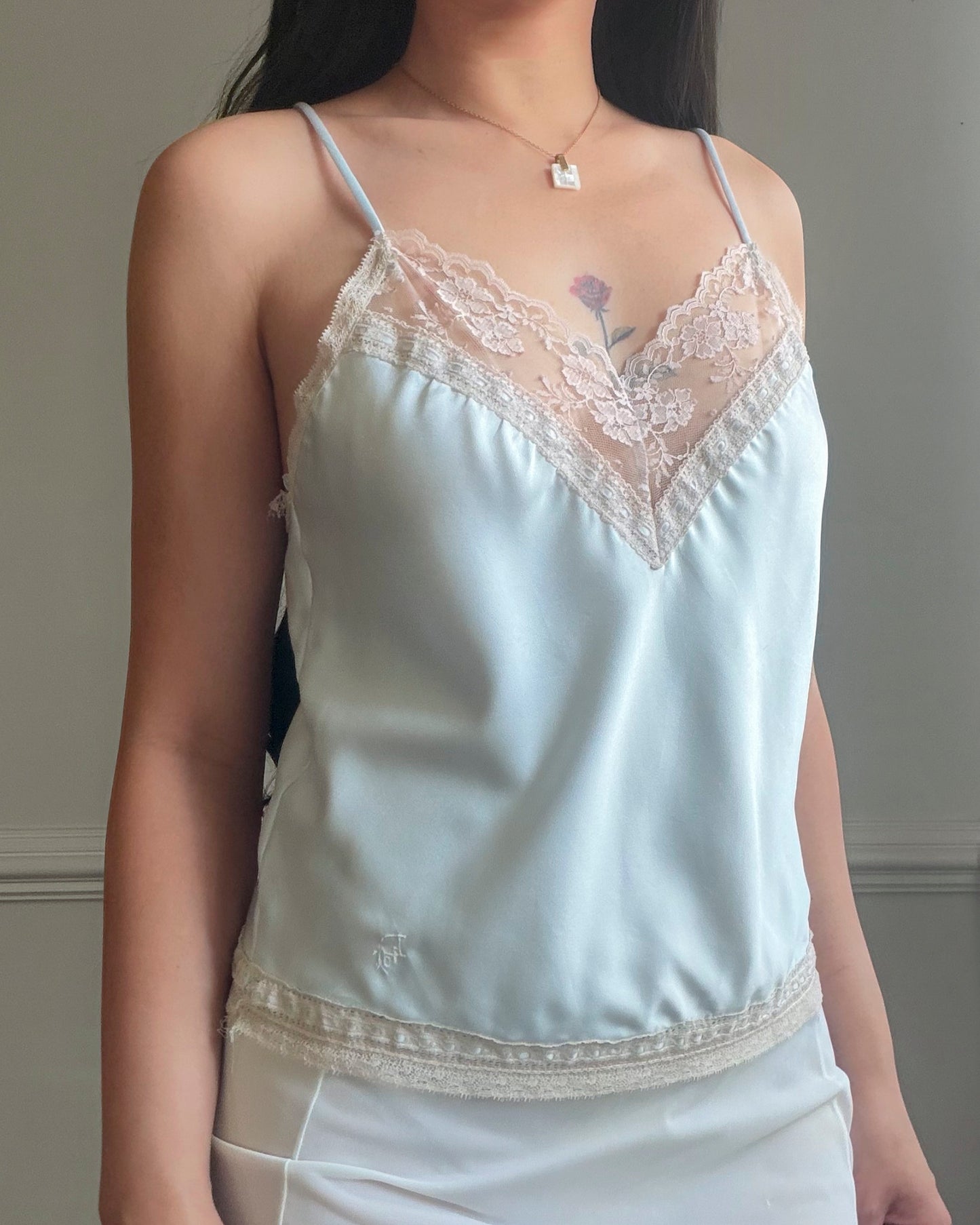 Vintage Dior Baby Blue Satin Cami — V-Neck Champagne Lace Trim & CD Monogram