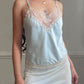 Vintage Dior Baby Blue Satin Cami — V-Neck Champagne Lace Trim & CD Monogram